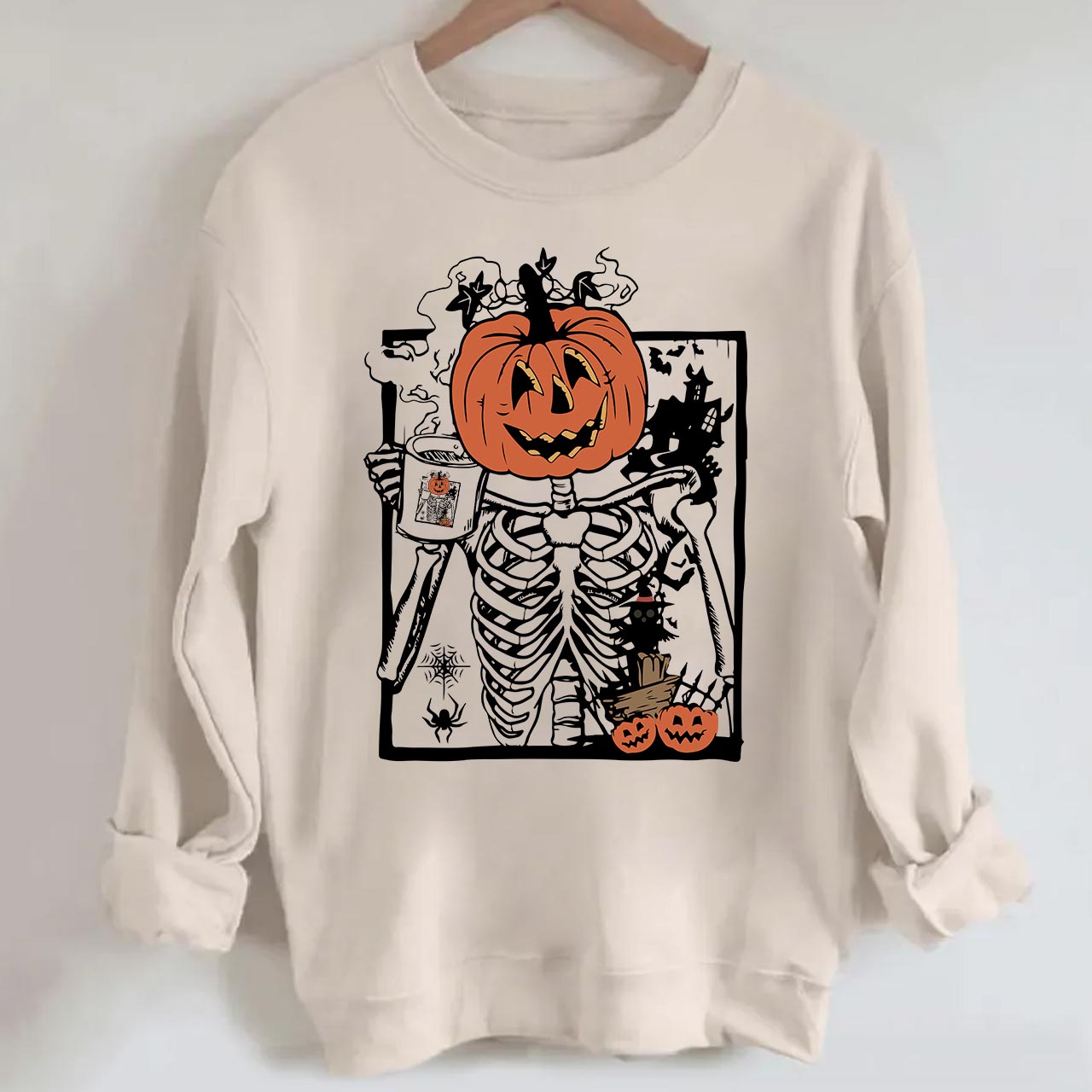 Skeleton Pumpkin Coffee Halloween Sweatshirt