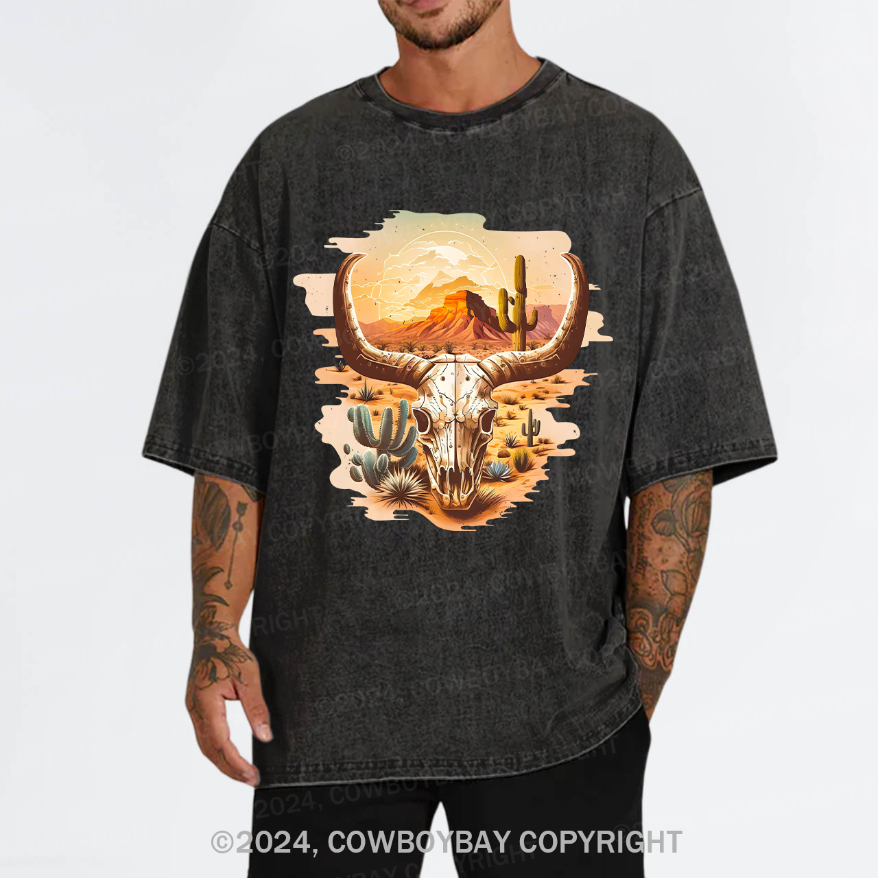Cow Skull Western Desert Cowboy Garment-dye Tees