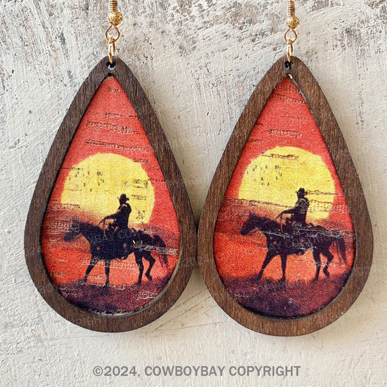 Cowboy Teardrop Wooden Earrings Print Pattern