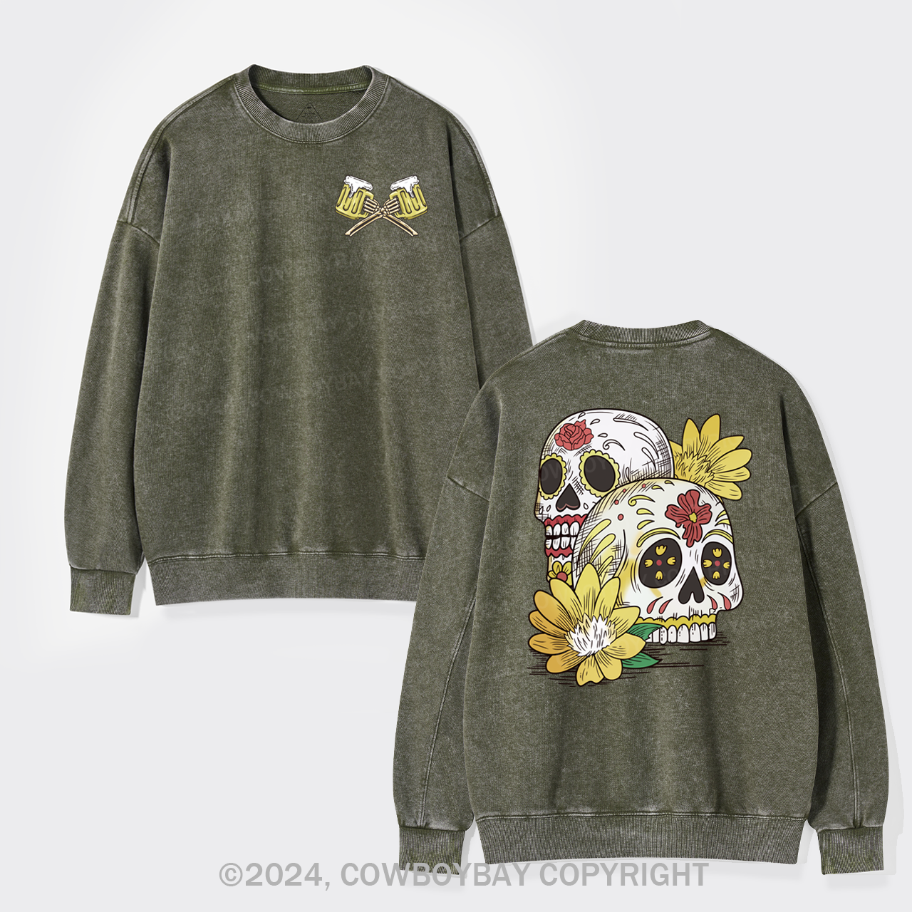 Beer Skull Montage Washed Sweatshirts