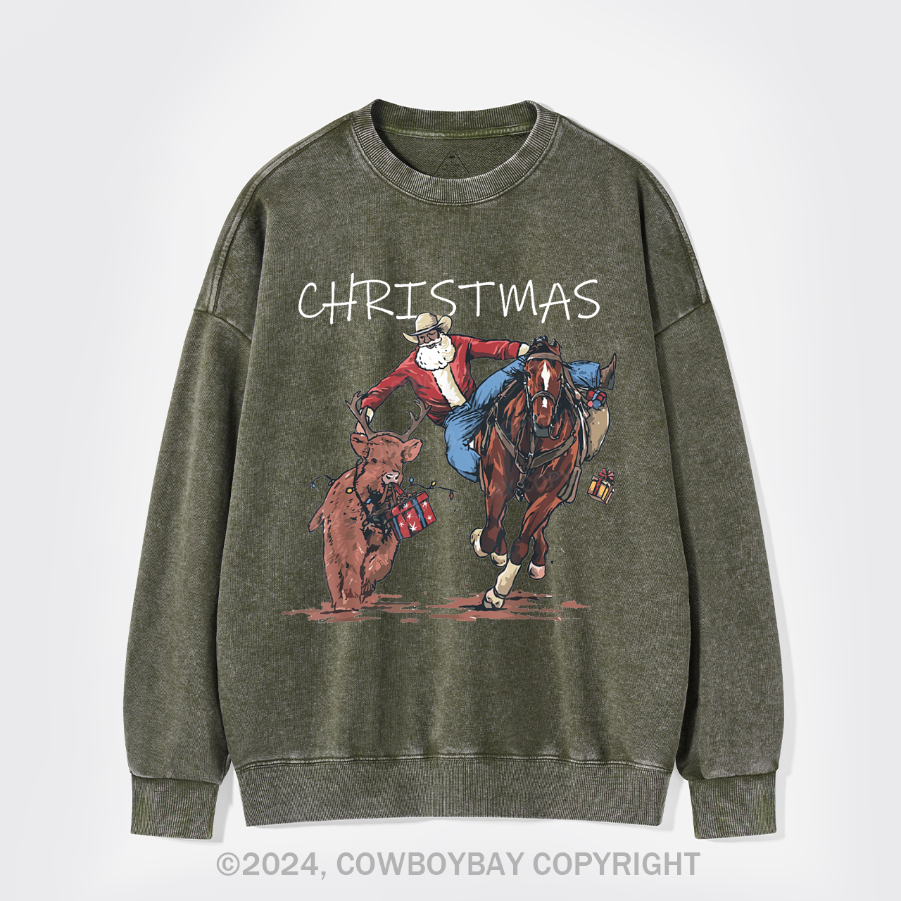 Cowboy Santa Claus Bullfight Washed Sweatshirts