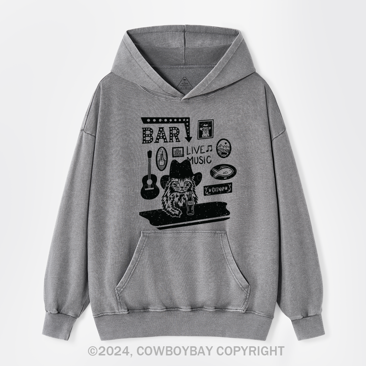 Cat with A Cowboy Hat In A Country Bar Garment-Dye Hoodies