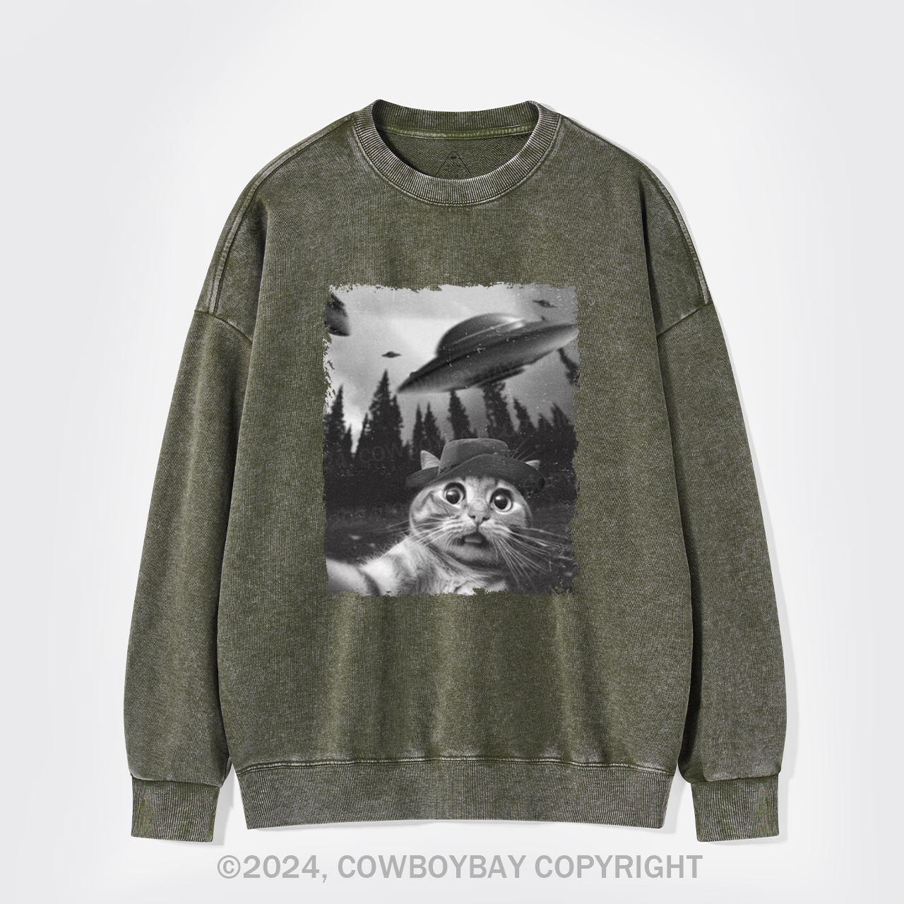 Funny Cat Selfie With UFOs Washed Sweatshirts