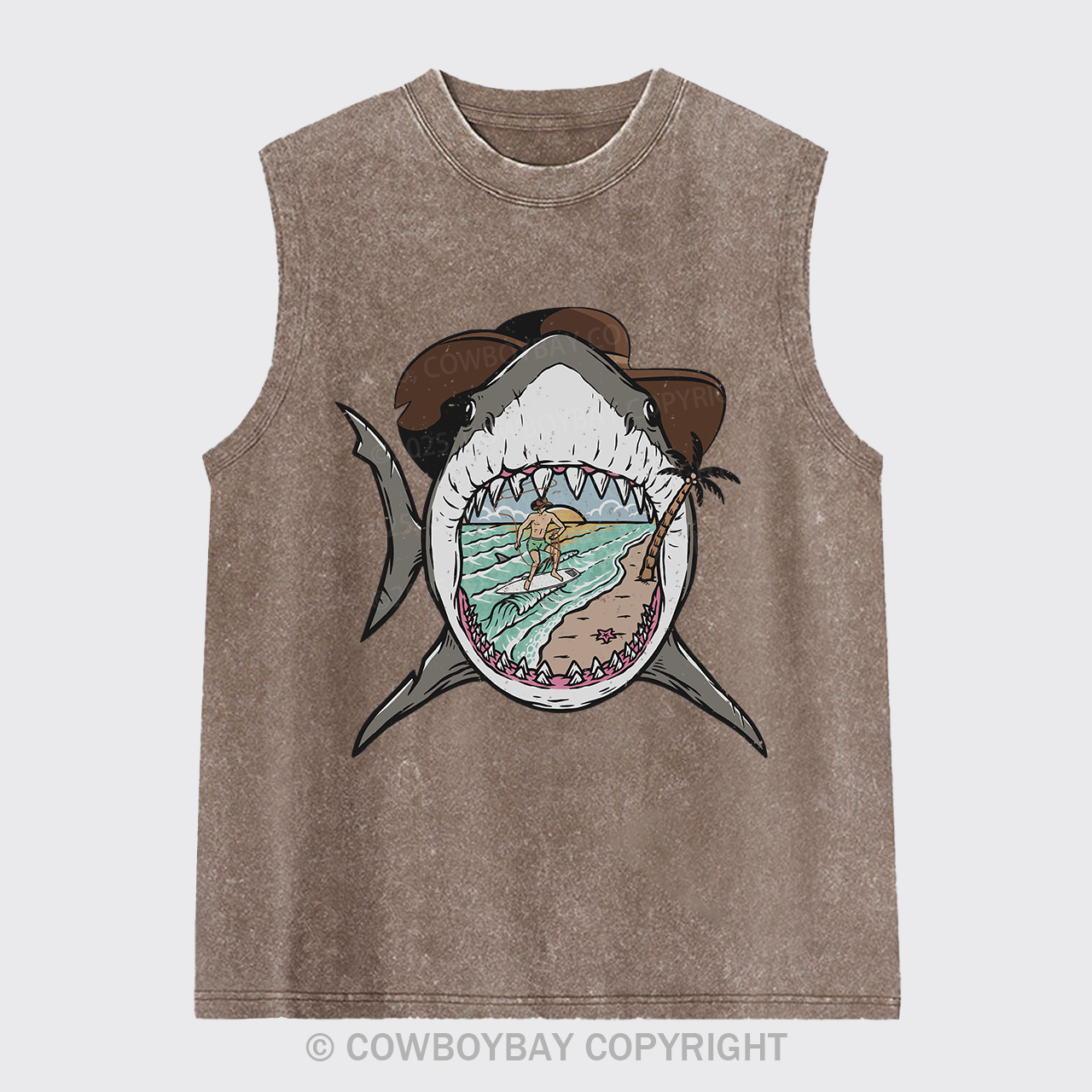 Surfing Shark Cowboy Washed Tanks