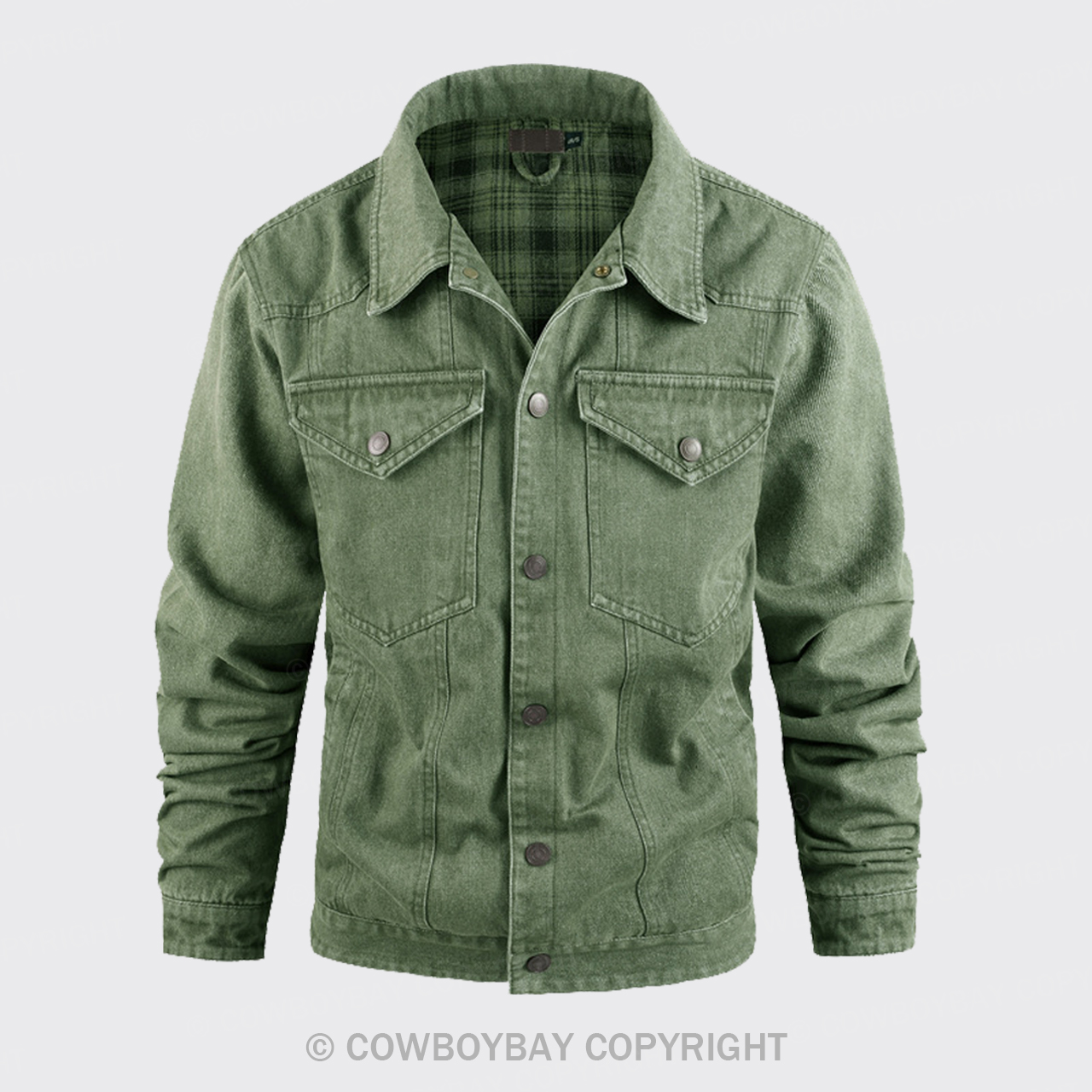 Western Plaid Green Flannel Denim Jacket