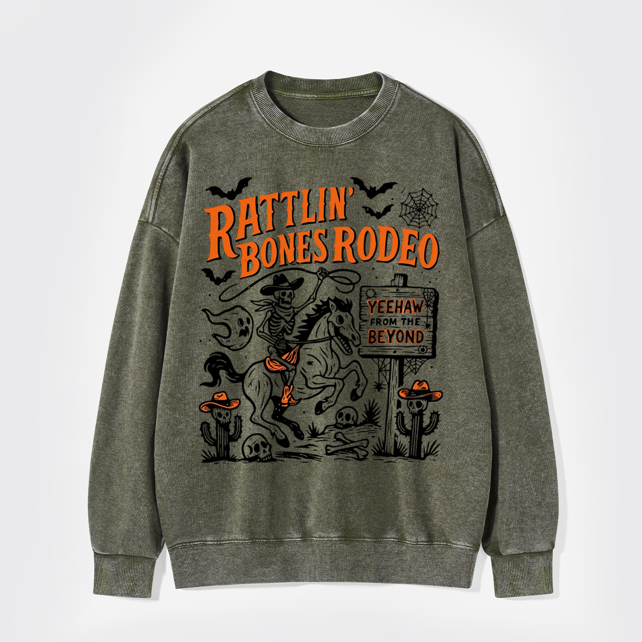 Rattlin' Bones Rodeo Skeleton Cowboy Halloween Washed Sweatshirts