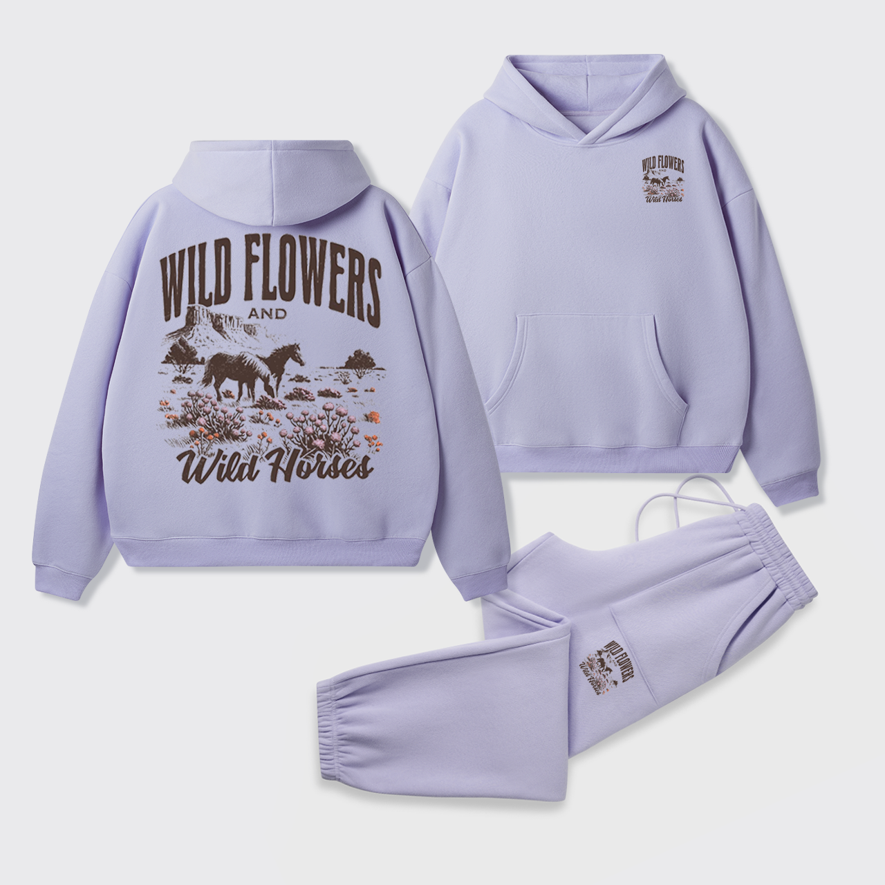 Retro Western Wildflower Wild Horses Fleece Hoodie Set