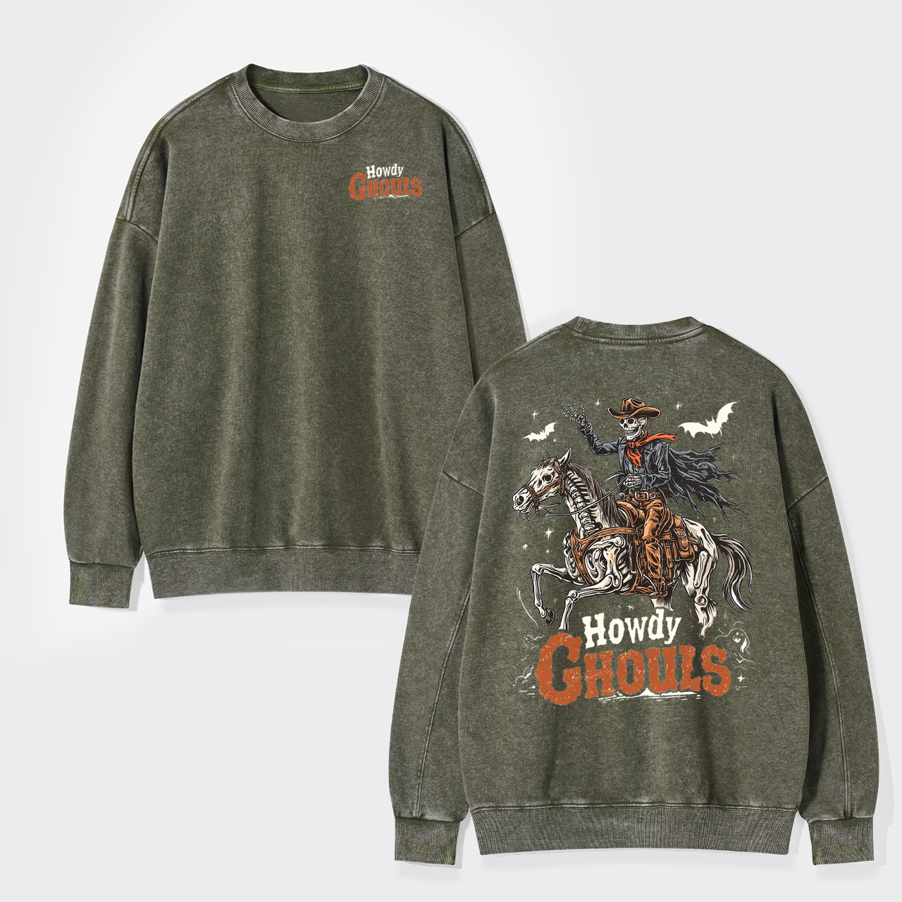 Howdy Ghouls Halloween Cowboy Skeleton Washed Sweatshirts