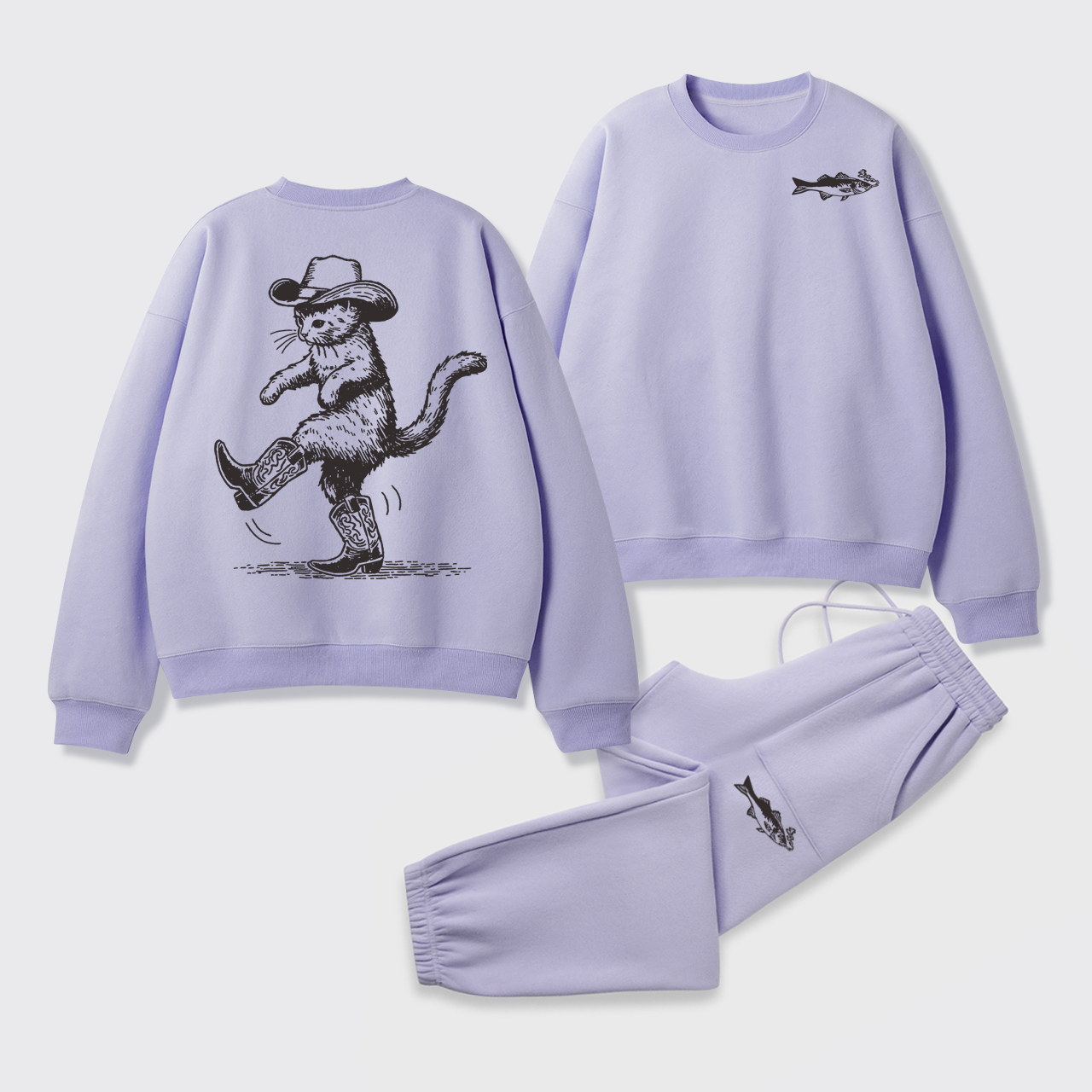 Fleece Cowboy Cat Looking for Fish Sweatshirt Set