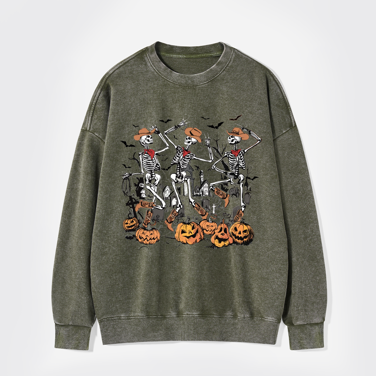 Retro Halloween Skeleton Cowboy Washed Sweatshirts