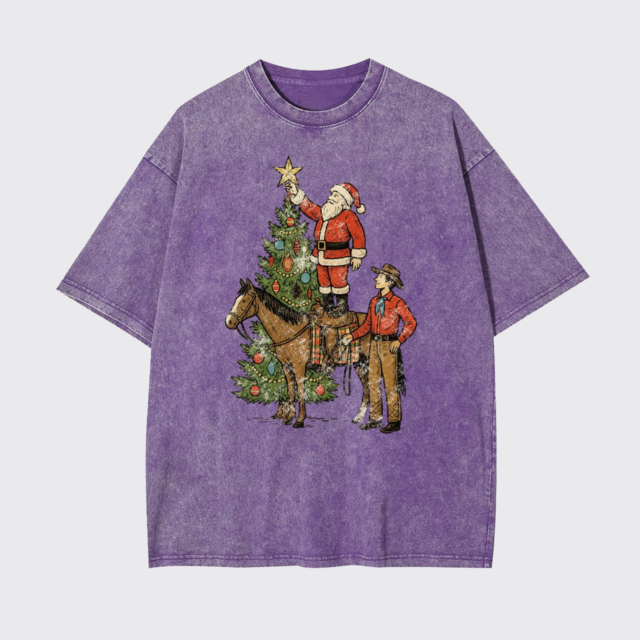 Vintage Santa and Cowboy Christmas Tree Garment-dye Tees