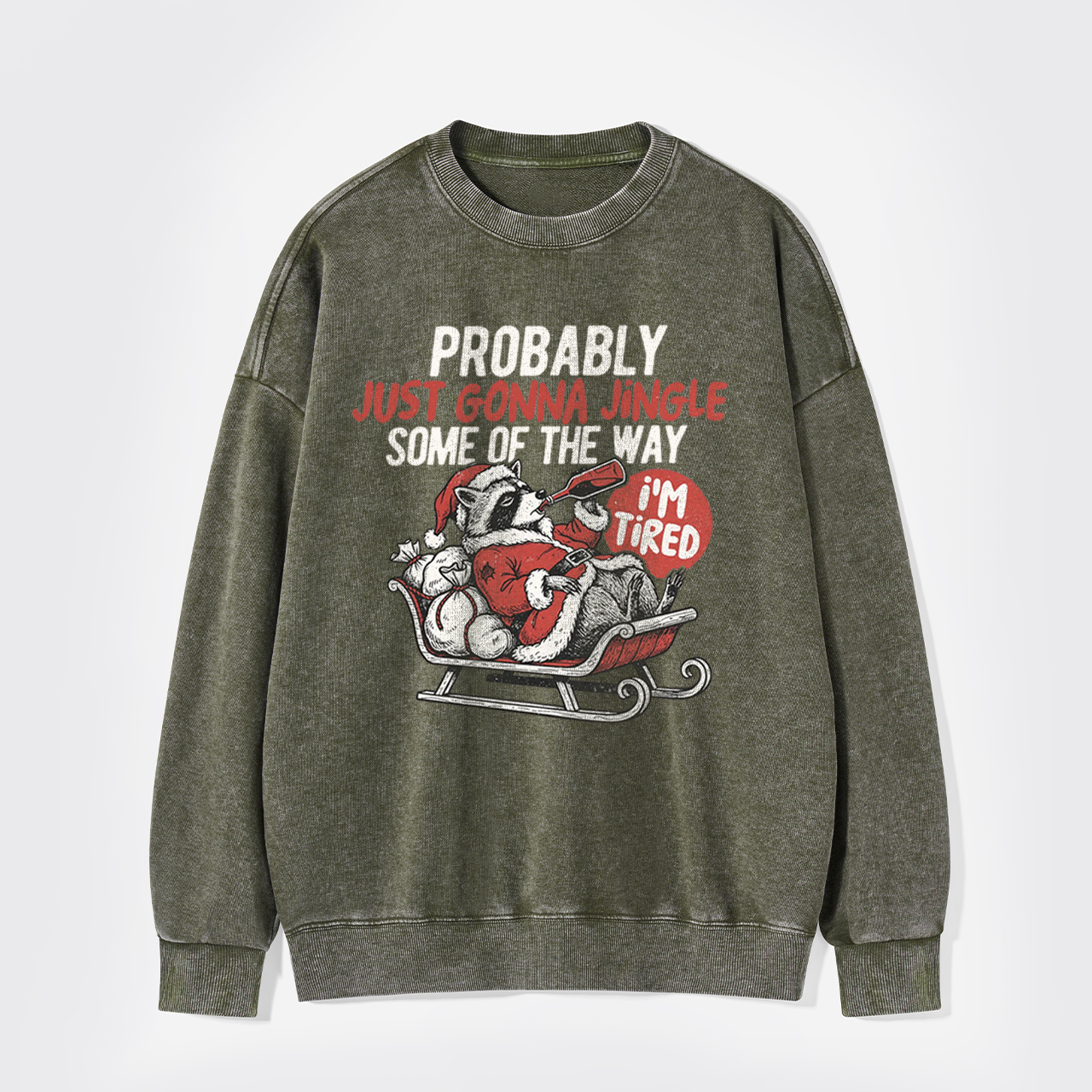Humorous Christmas Tired Raccoon Washed Sweatshirts