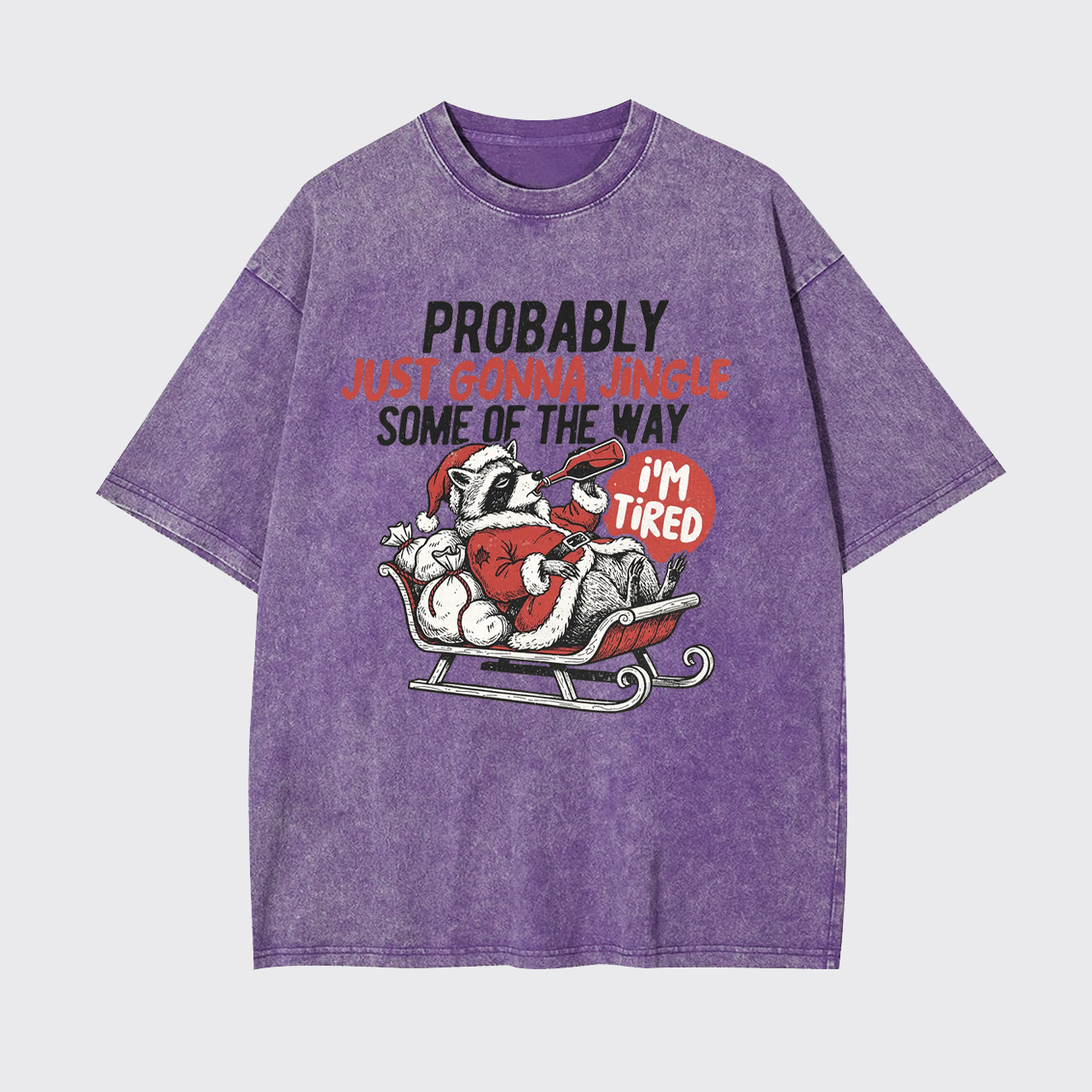 Humorous Christmas Tired Raccoon Garment-dye Tees