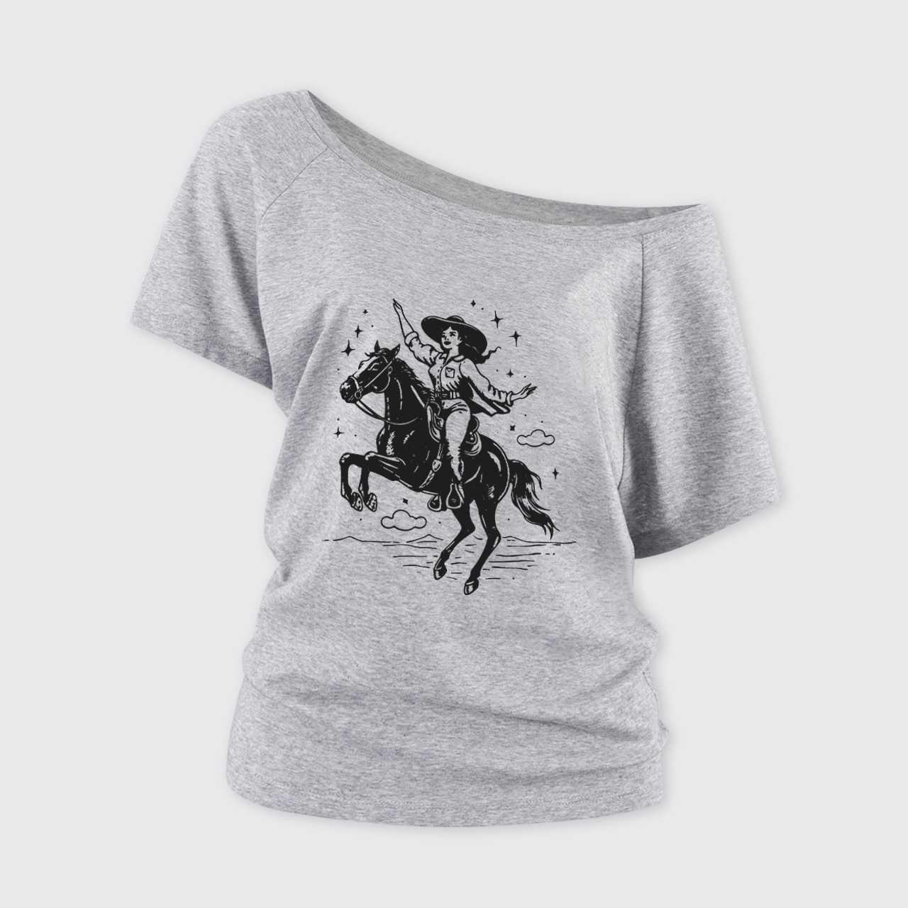 Rodeo Cowgirl Riding Horse Off Shoulder Top