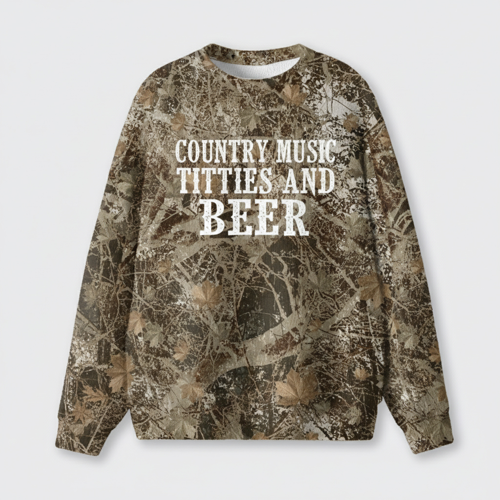 Vintage Country Music And Beer Camo Knit Sweatshirt