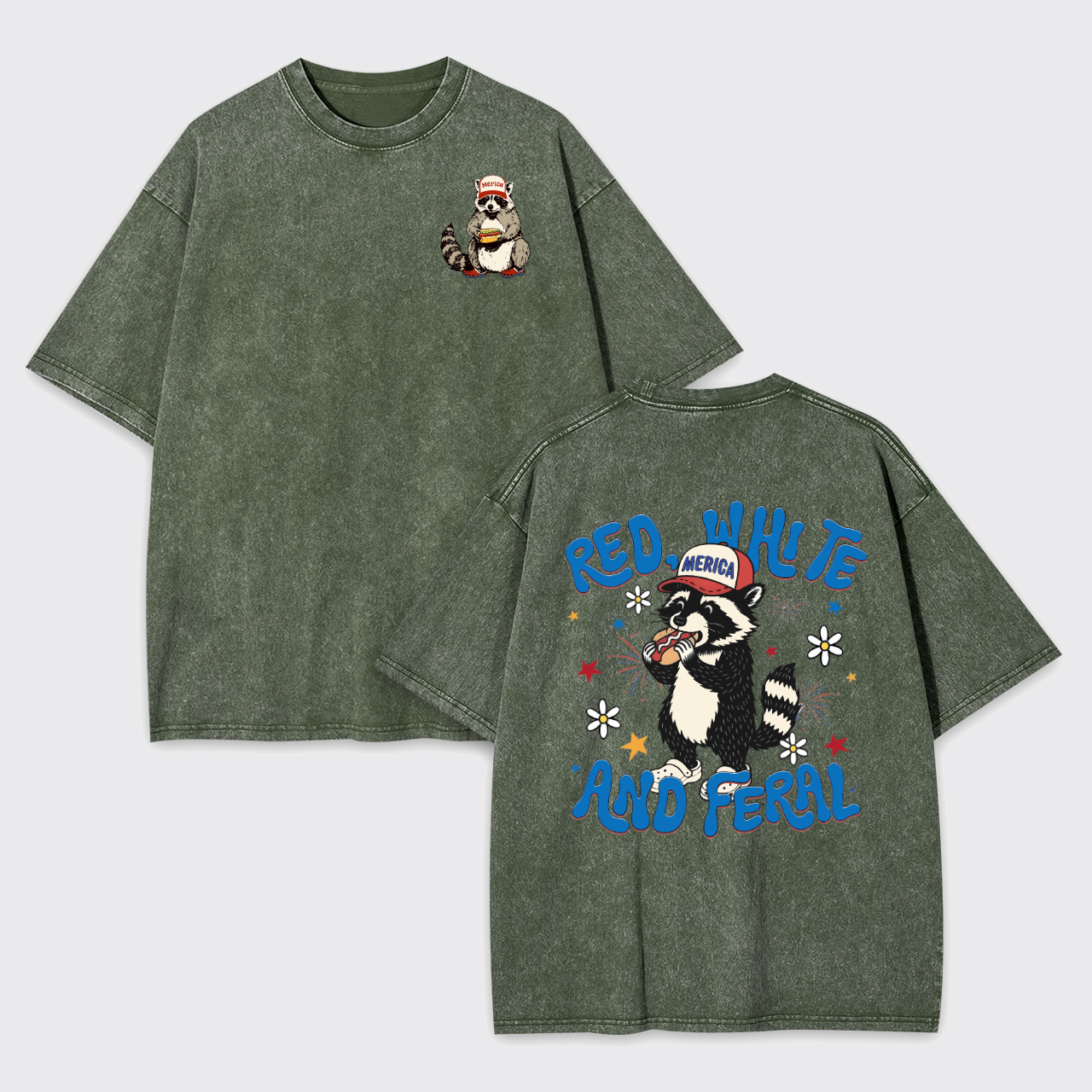 Funny Raccoon-Red White And Feral Garment-dye Tees