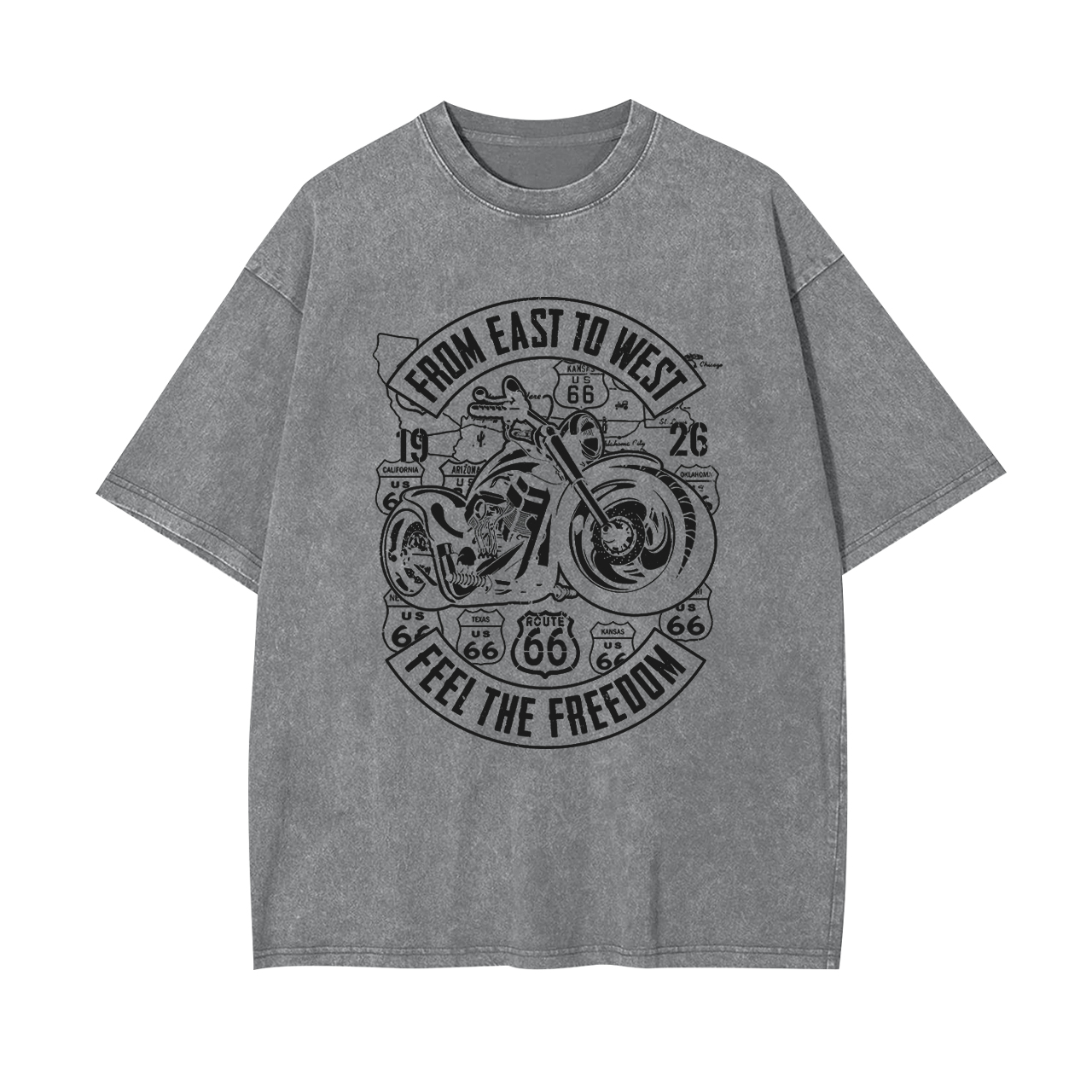 Route 66 From East To West Biker Garment-dye Tees