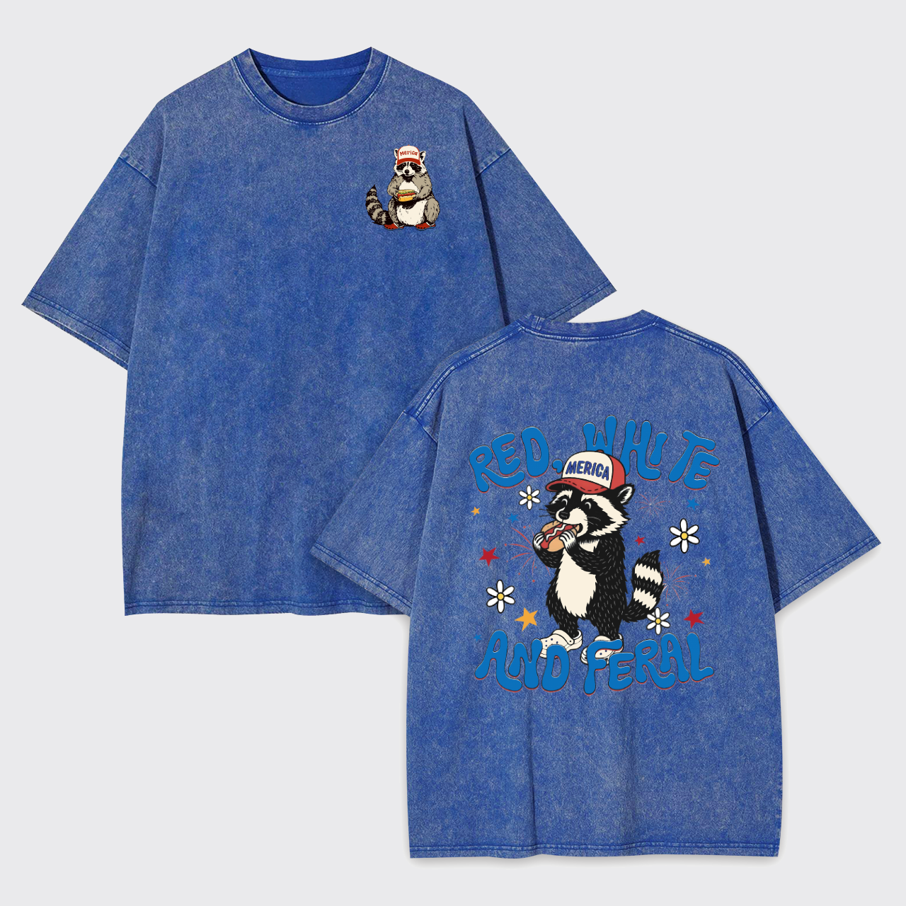 Funny Raccoon-Red White And Feral Garment-dye Tees