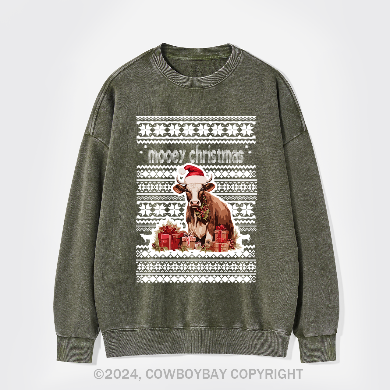 Christmas Cow With Santa Washed Sweatshirts