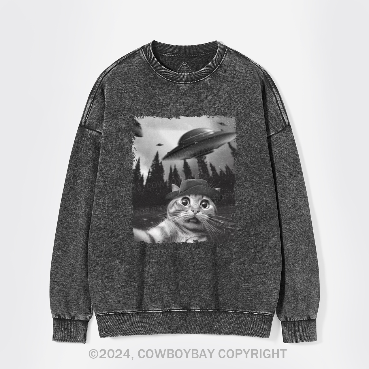 Funny Cat Selfie With UFOs Washed Sweatshirts