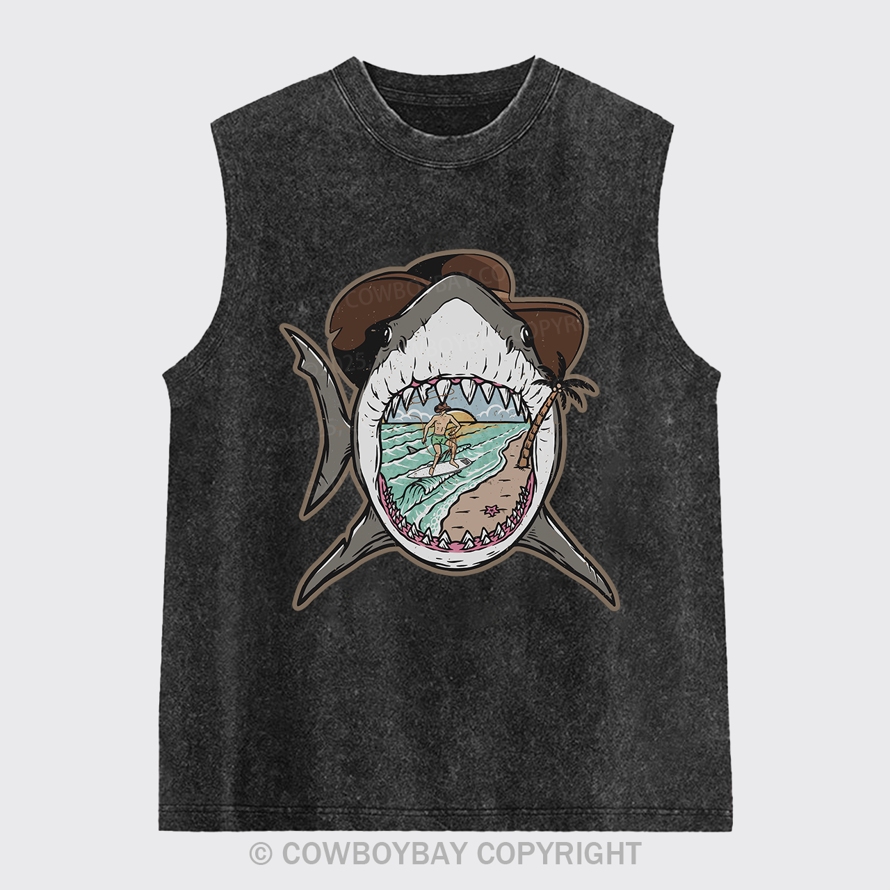 Surfing Shark Cowboy Washed Tanks