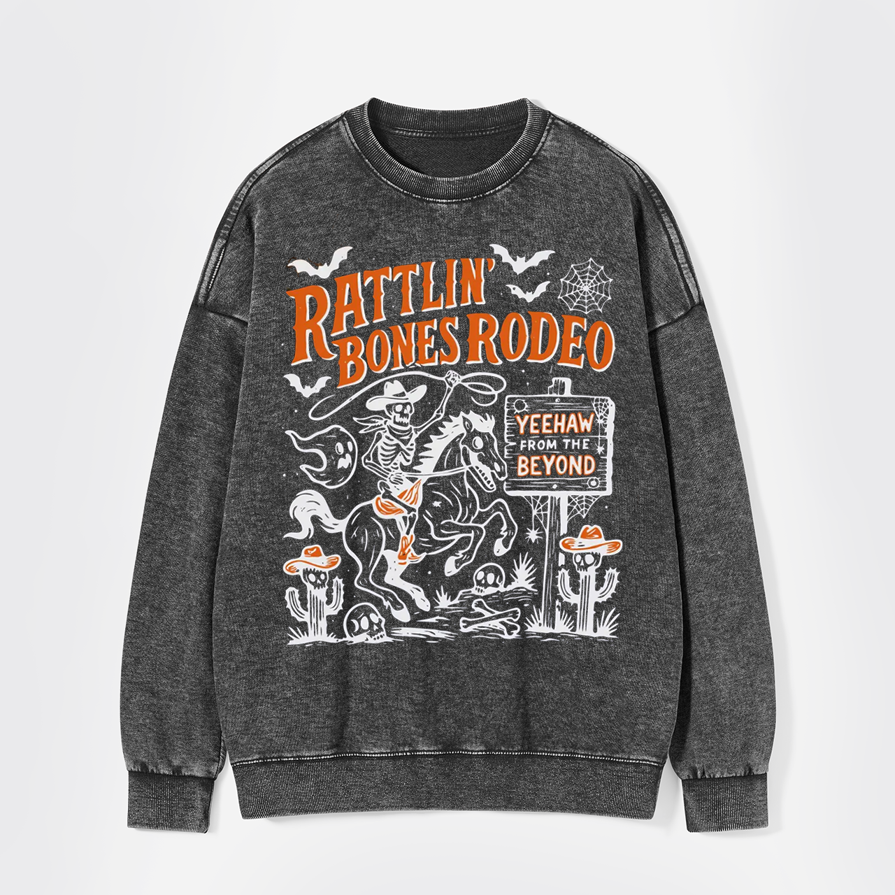 Rattlin' Bones Rodeo Skeleton Cowboy Halloween Washed Sweatshirts