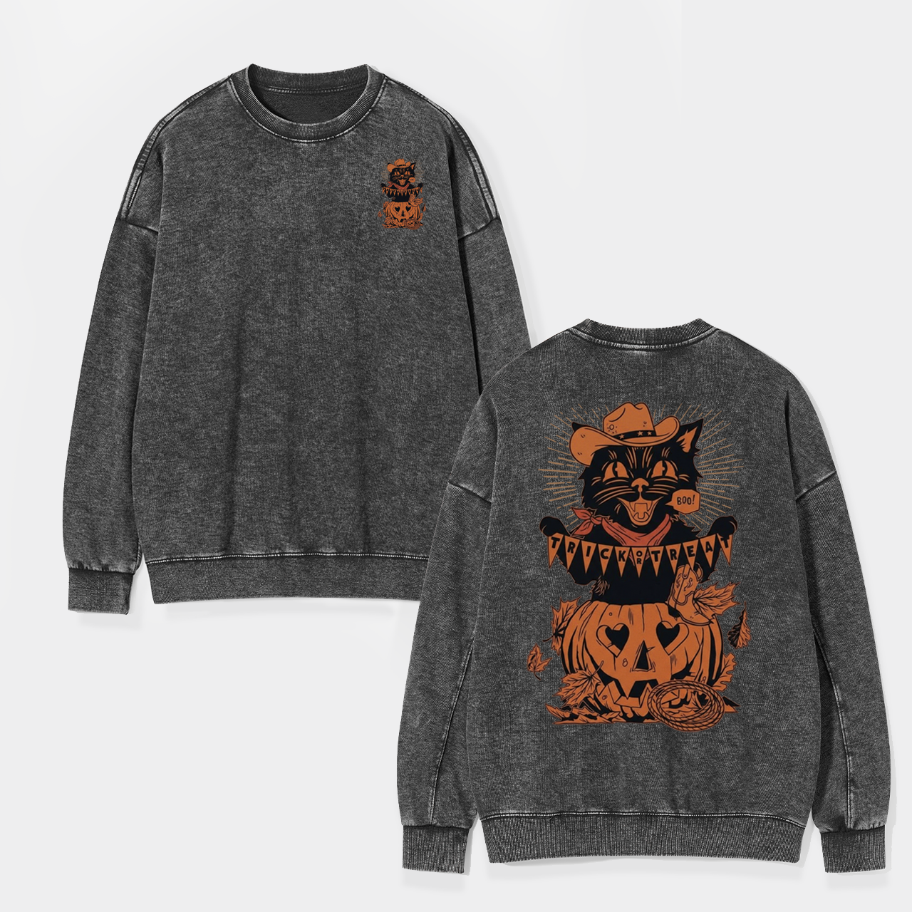 Trick Or Treat Halloween Black Cat Washed Sweatshirts
