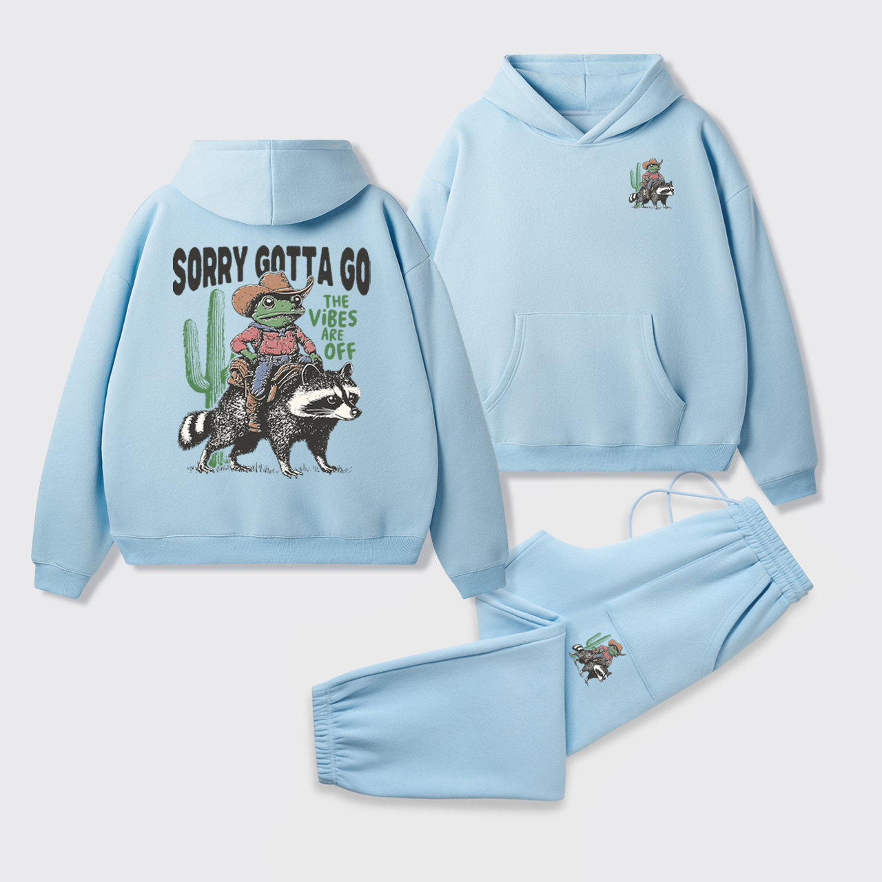 Cowboy Frog Riding Raccoon Hoodie Set