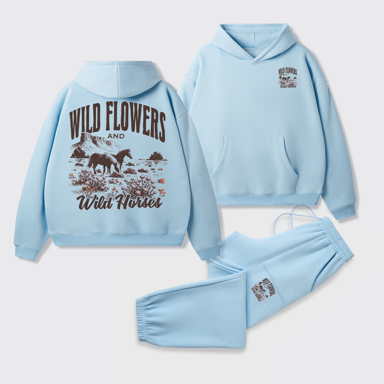 Retro Western Wildflower Wild Horses Fleece Hoodie Set