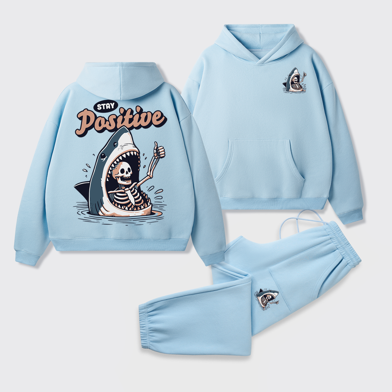 Fleece Stay Positive Funny Shark and Skeleton Hoodie Set