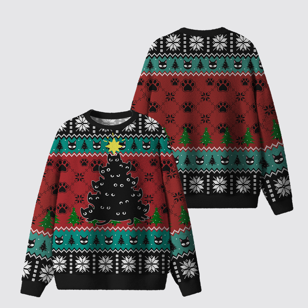 Cute Black Cat Christmas Tree Ugly Knit Sweatshirt