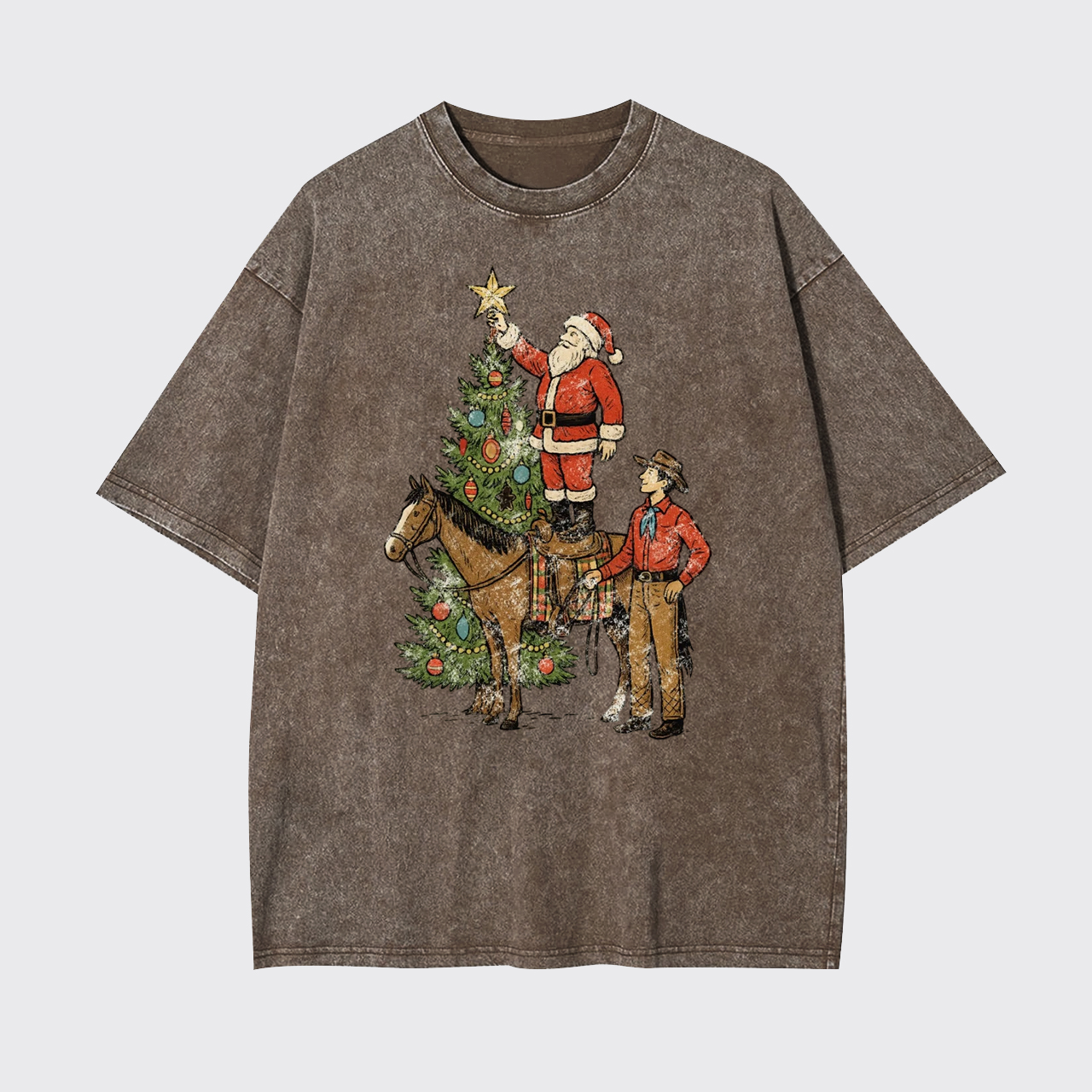 Vintage Santa and Cowboy Christmas Tree Garment-dye Tees