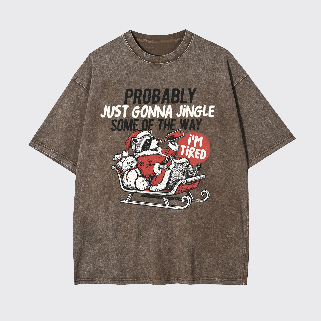 Humorous Christmas Tired Raccoon Garment-dye Tees