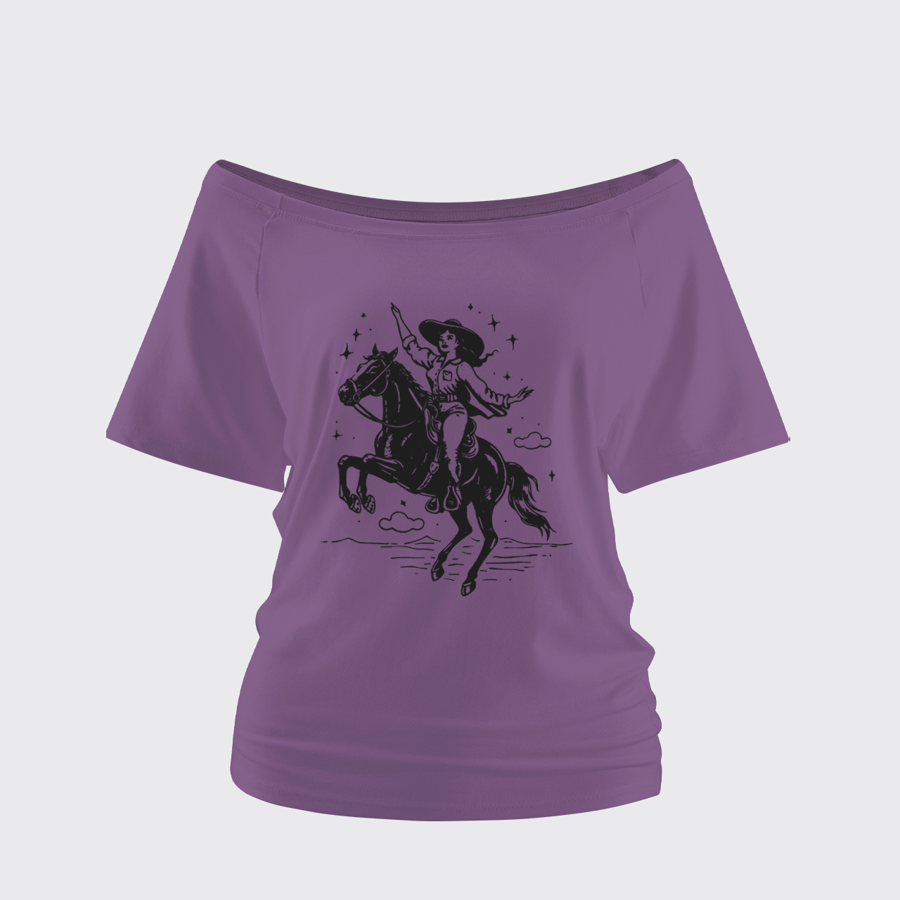 Rodeo Cowgirl Riding Horse Off Shoulder Top