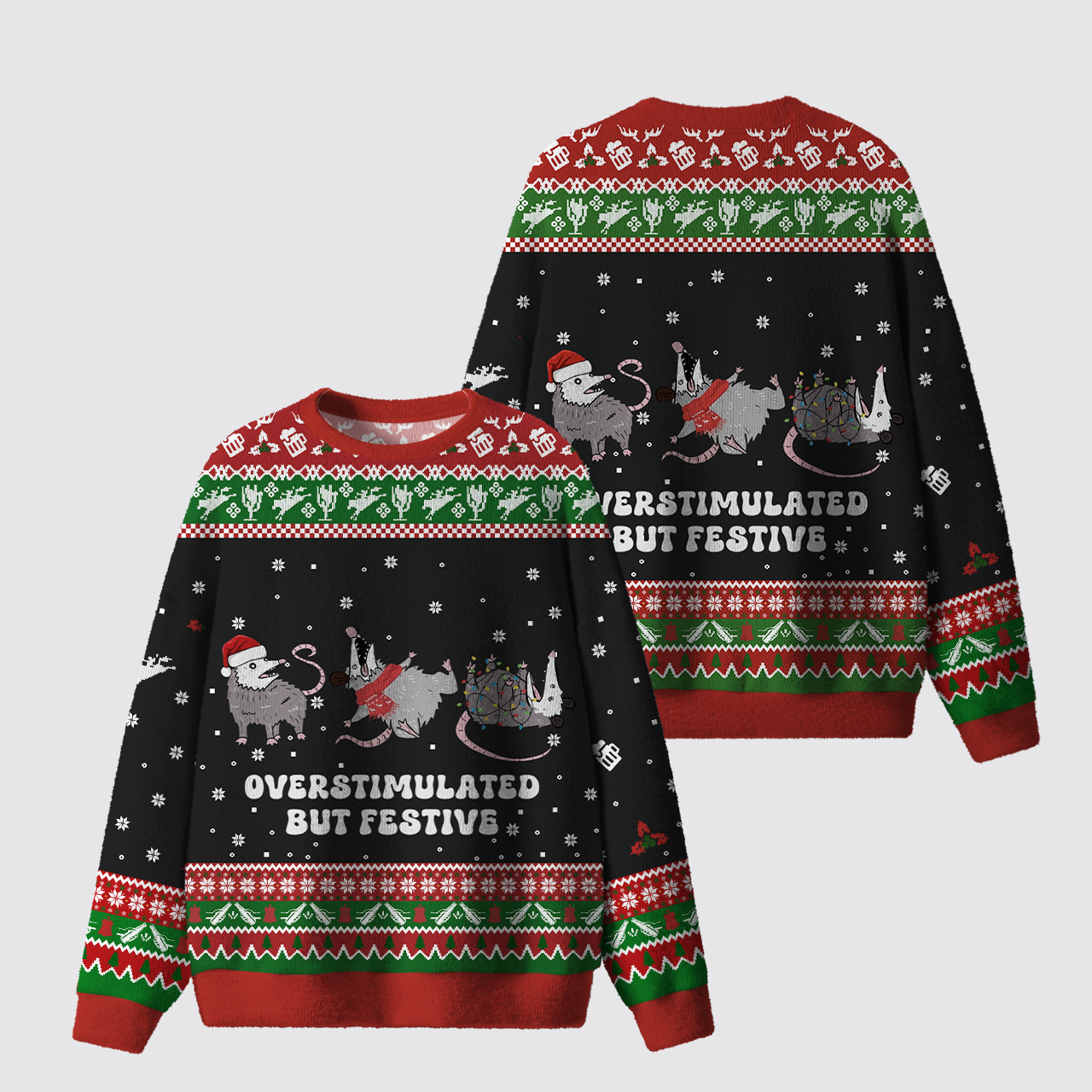 Overstimulated But Festive Possum Ugly Knit Sweatshirt