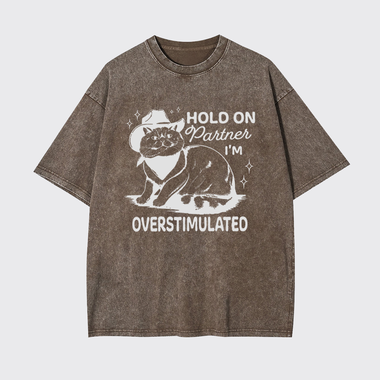 Funny Sarcastic Cat 90s Hold On Partner I'm Overstimulated Garment-dye Tees