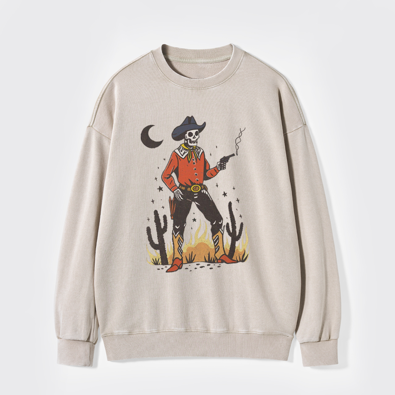 Skeleton Western Halloween Retro Desert Washed Sweatshirts