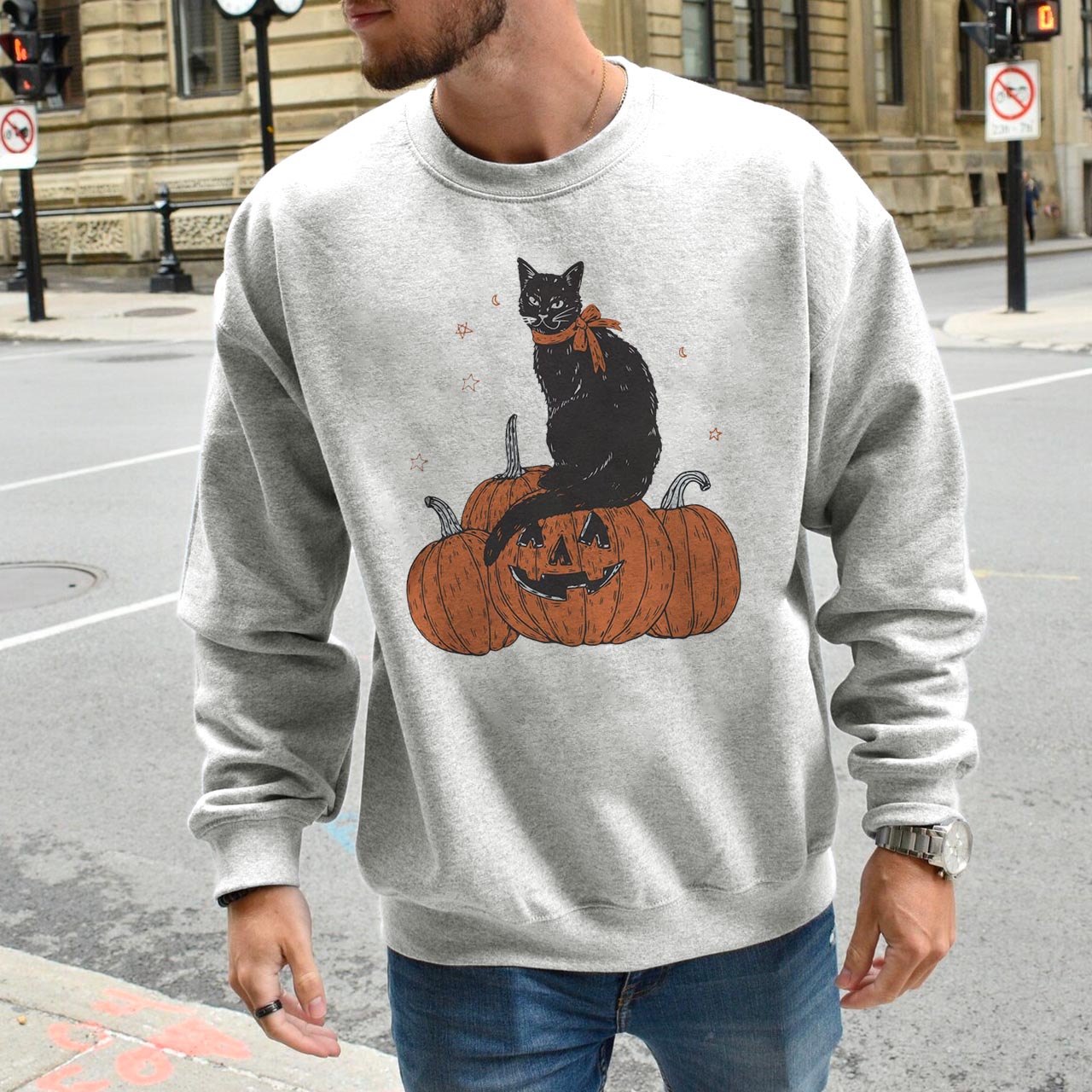 Black Cat On Grimacing Pumpkin  Halloween Sweatshirt