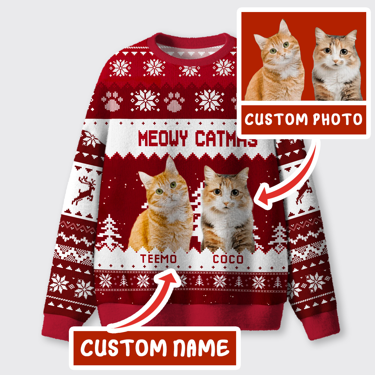 Personalized Custom Photo Meowy Catmas Ugly Knit Sweatshirt