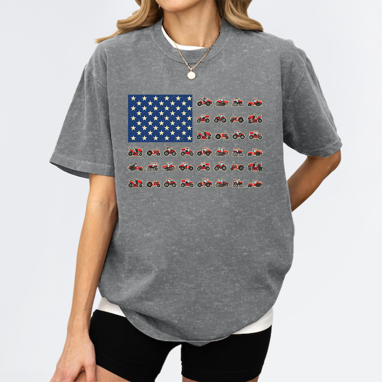 Farming Vehicles Cars Vintage Patriotic American Flag Garment-dye Tees