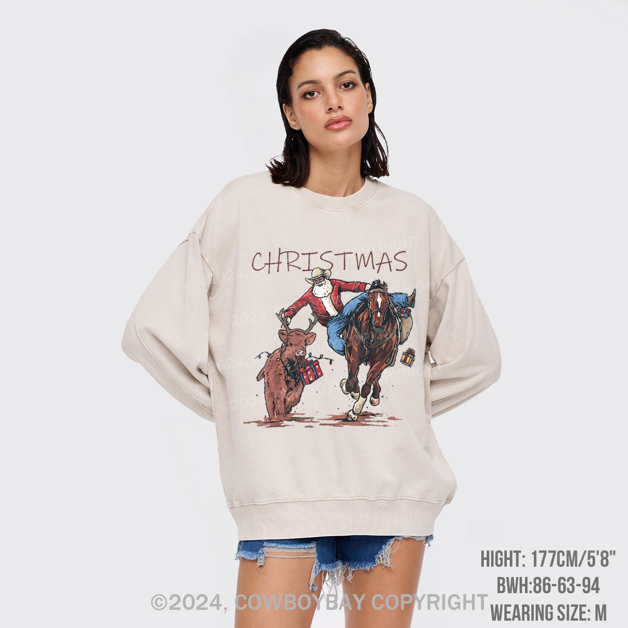 Cowboy Santa Claus Bullfight Washed Sweatshirts