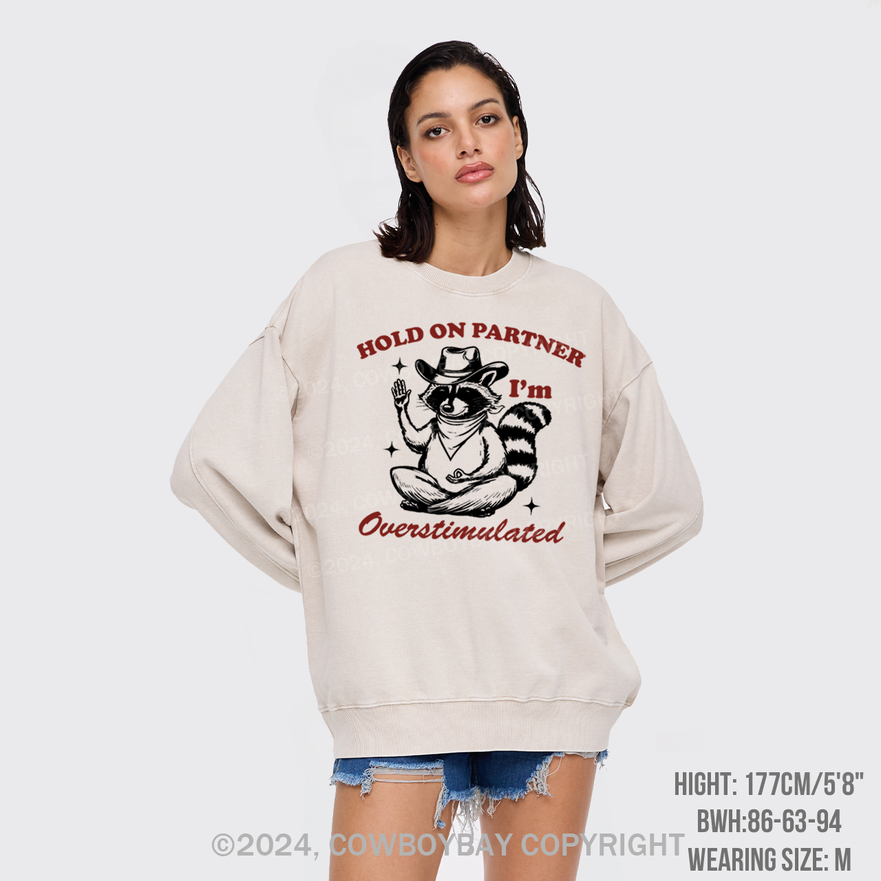 Hold On Partner I'm Overstimulated Washed Sweatshirts