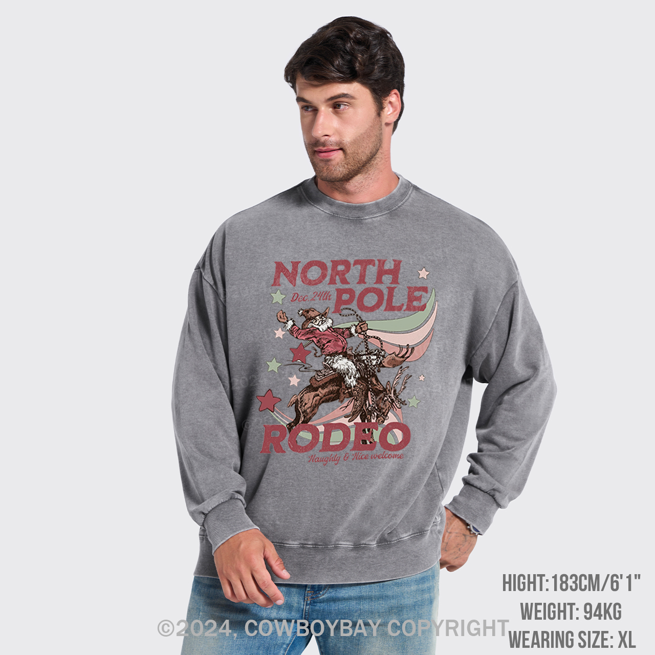 North Pole Rodeo Retro Western Christmas Washed Sweatshirts
