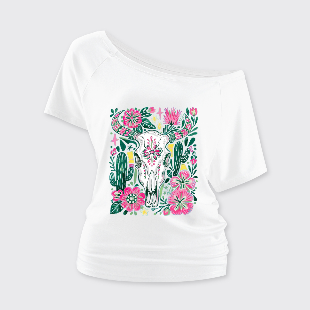 Western Floral Cow Skull Off Shoulder Top