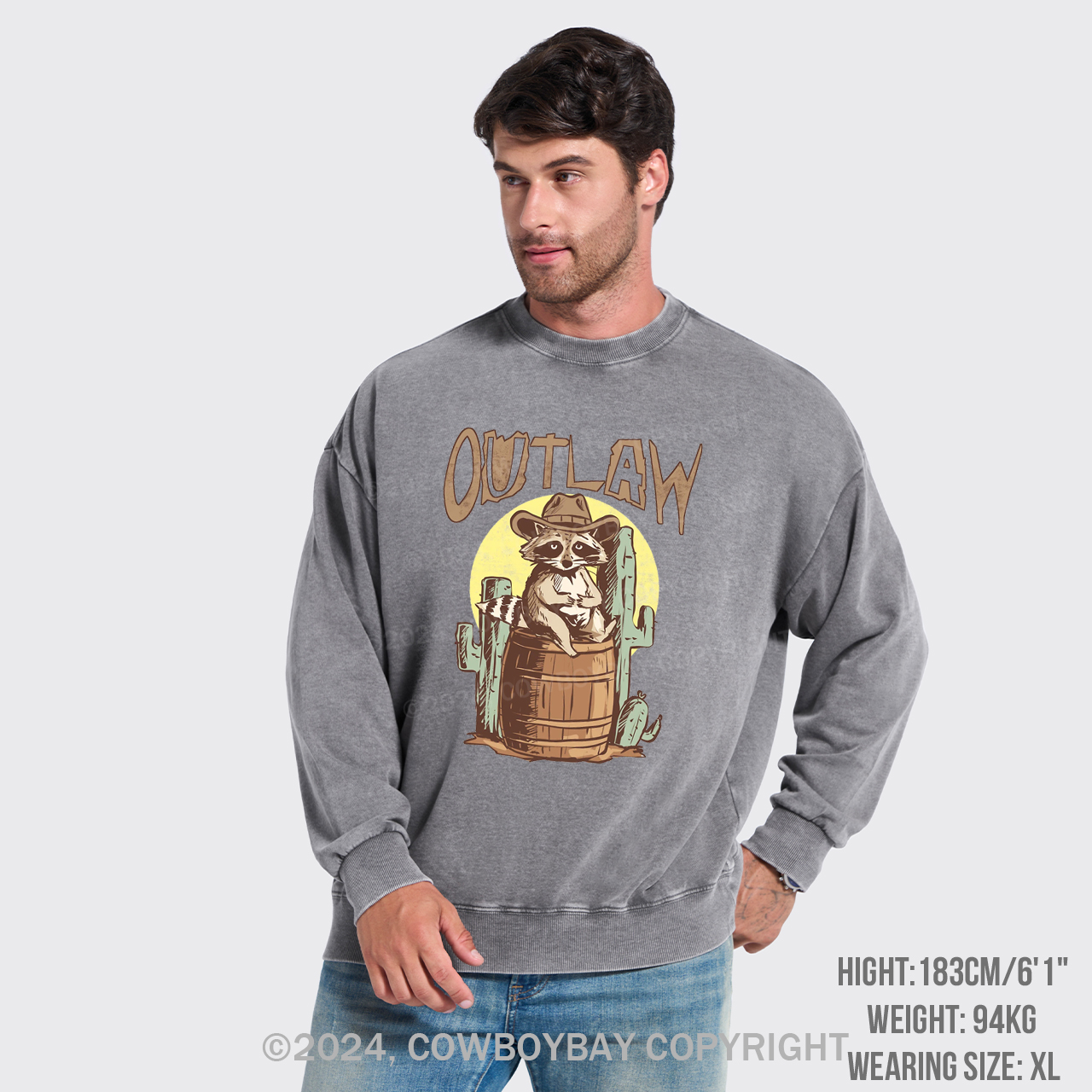 Retro Outlaw Raccoon Cowboy Washed Sweatshirts
