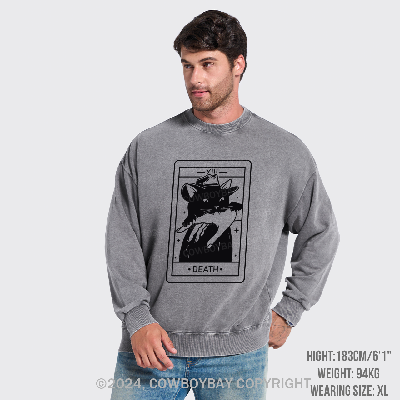 Tarot Death Witchy Cat Washed Sweatshirts