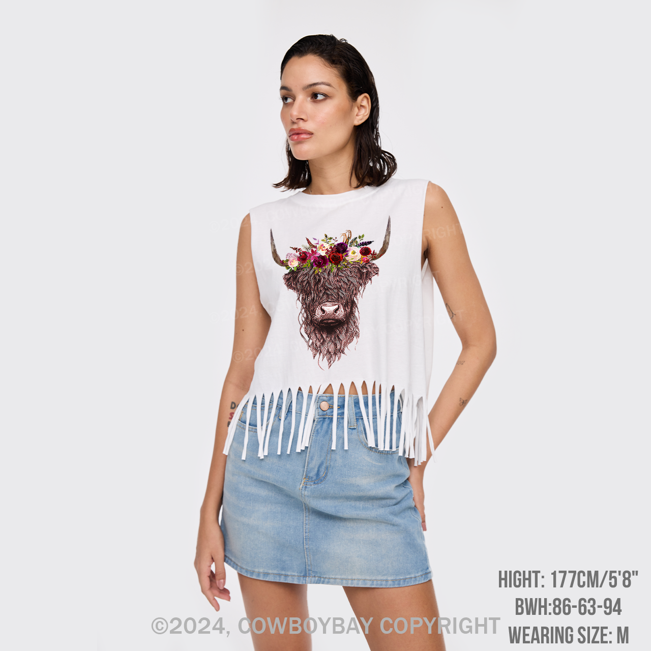 Flower Highland Cow Fringe Tank