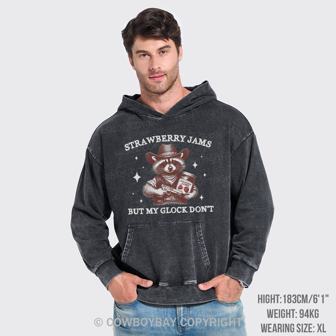 Retro Western Raccoon Garment-Dye Hoodies