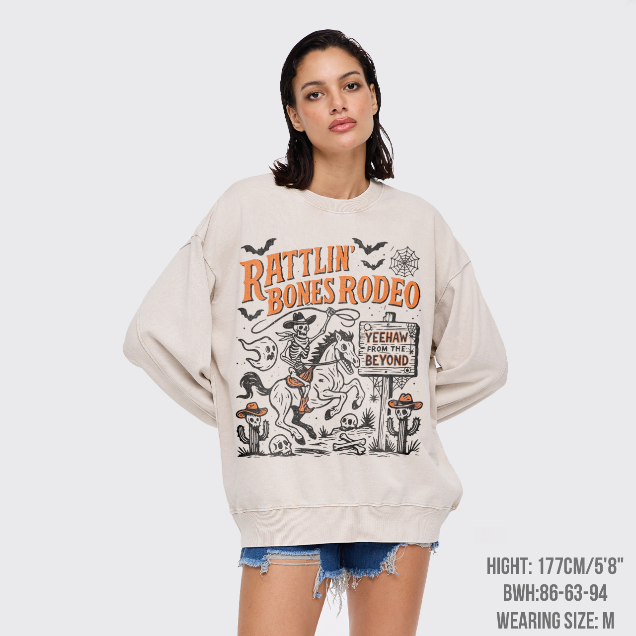 Rattlin' Bones Rodeo Skeleton Cowboy Halloween Washed Sweatshirts