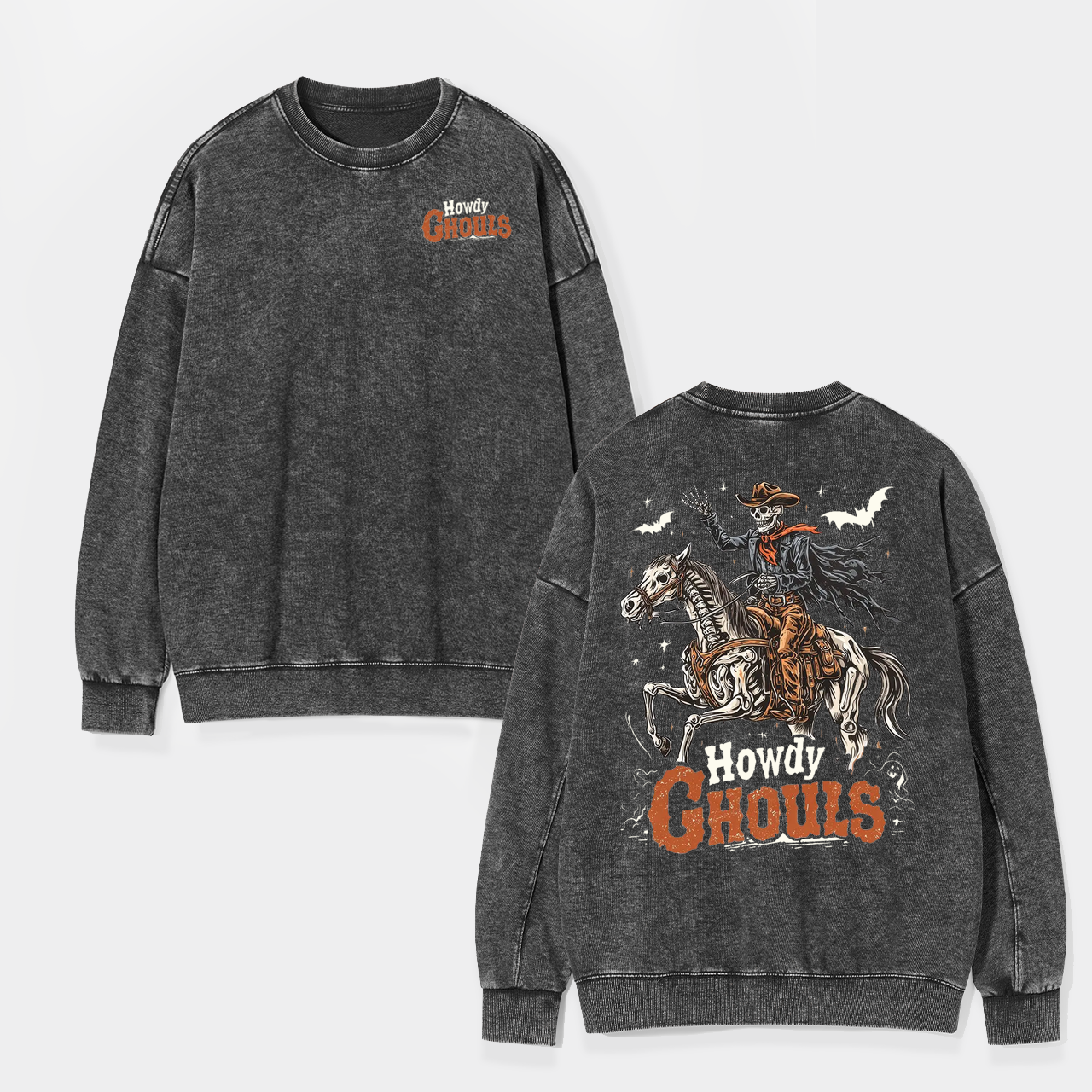 Howdy Ghouls Halloween Cowboy Skeleton Washed Sweatshirts